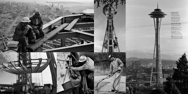 Book cover of New Heights, Transforming Seattle's Iconic Space Needle, with the saucer-shaped top of Seattle Space needle with yellow sunset behind. Published by Images Publishing.