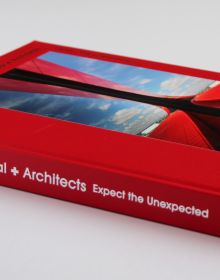 Book cover of Expect the Unexpected: luis vidal + architects, with part of the red structure of the Boston Logan International Airport Terminal E. Published by Images Publishing.