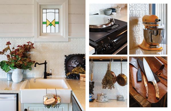 Book cover of Chefs' Kitchens, with a row of kitchen utensils: orange colander, hand whisks, pans and a sieve. Published by Images Publishing.
