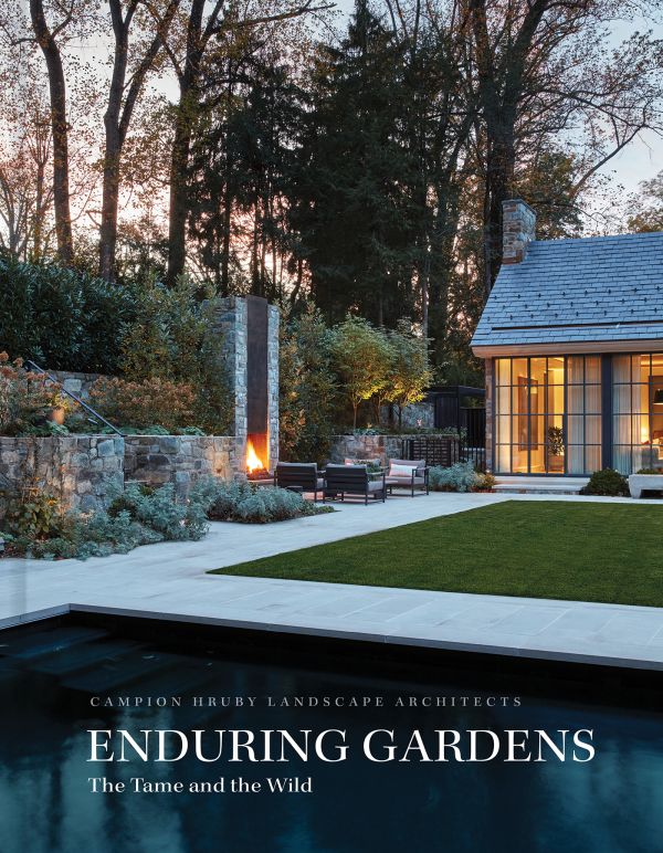 Book cover of Enduring Gardens: The Tame and the Wild; featuring a landscaped garden with swimming pool, and fire pit. Published by Images Publishing.