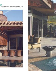 Book cover of Outdoor Living: Courtyards, Decks and Patios featuring a garden patio area with fireplace, table and chairs, and oven. Published by Images Publishing.