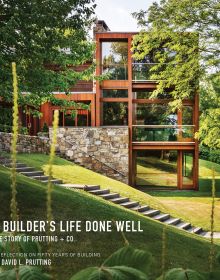 Book cover of A Builder's Life Done Well: The Story of Prutting + Co; modern, flat-roof house with steps descending into garden. Published by Images Publishing.